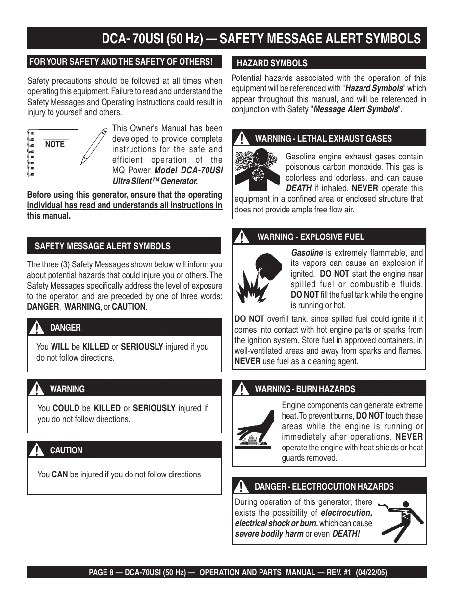 Dca- 70usi (50 hz) — safety message alert symbols | Multiquip MQ Power Ultra-Silent 50 Hz Generator DCA-70USI User Manual | Page 8 / 82