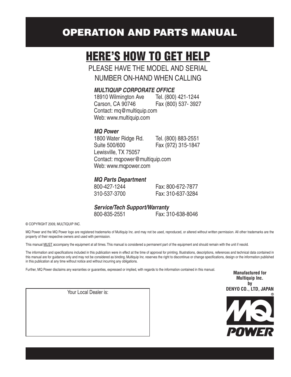 Here’s how to get help, Operation and parts manual | Multiquip MQ POWER WHISPERWATT SERIES  60HZ GENERATOR (STD.) (KOMATSU SAA6D170E-3 DIESEL ENGINE) DCA800SSK2 User Manual | Page 114 / 114