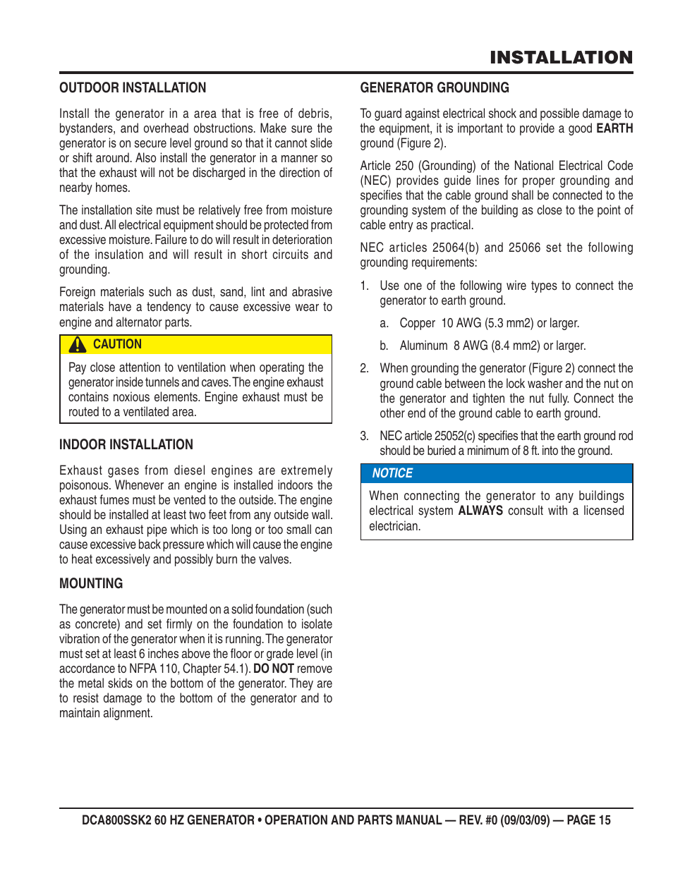 Installation | Multiquip MQ POWER WHISPERWATT SERIES  60HZ GENERATOR (STD.) (KOMATSU SAA6D170E-3 DIESEL ENGINE) DCA800SSK2 User Manual | Page 15 / 114