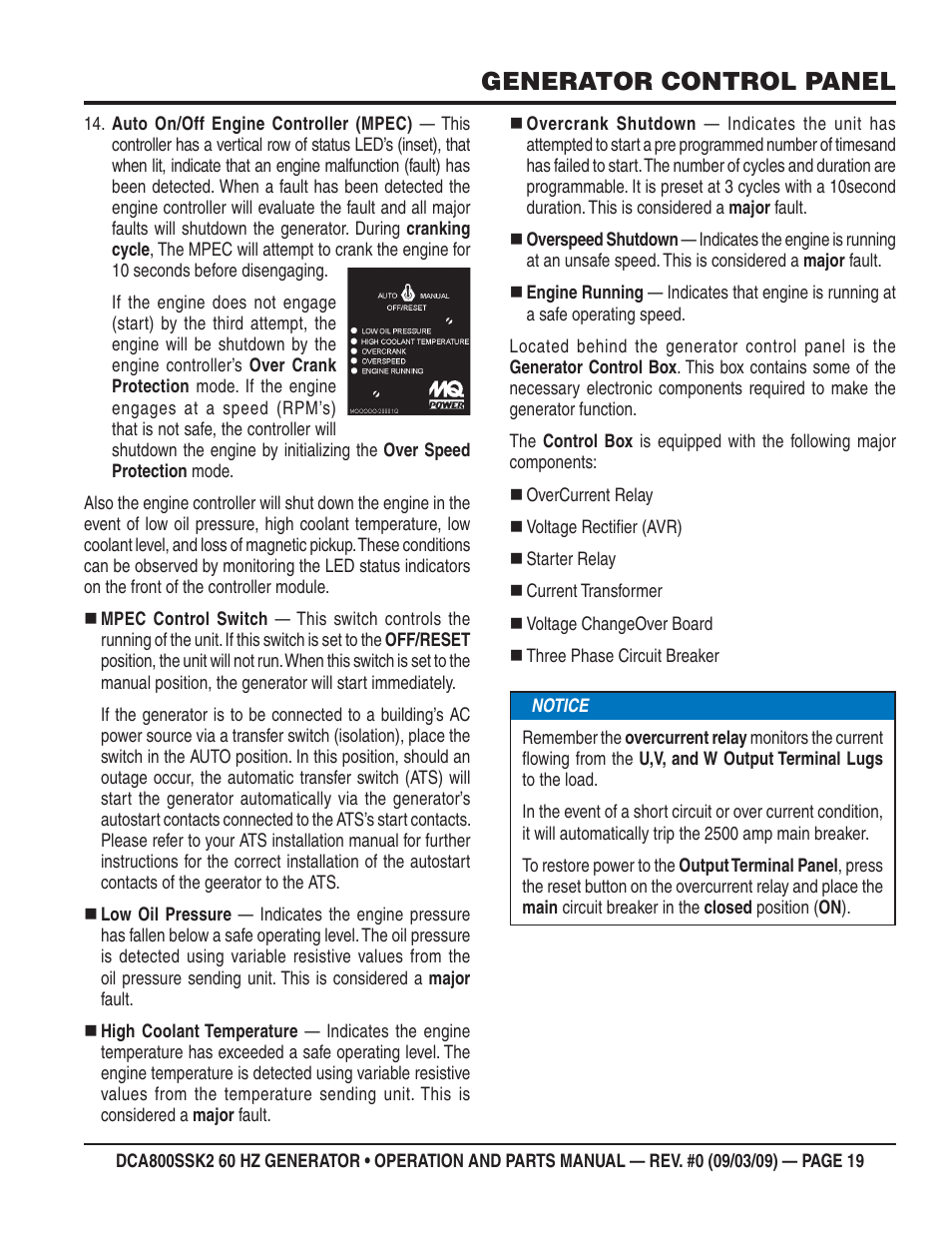 Generator control panel | Multiquip MQ POWER WHISPERWATT SERIES  60HZ GENERATOR (STD.) (KOMATSU SAA6D170E-3 DIESEL ENGINE) DCA800SSK2 User Manual | Page 19 / 114