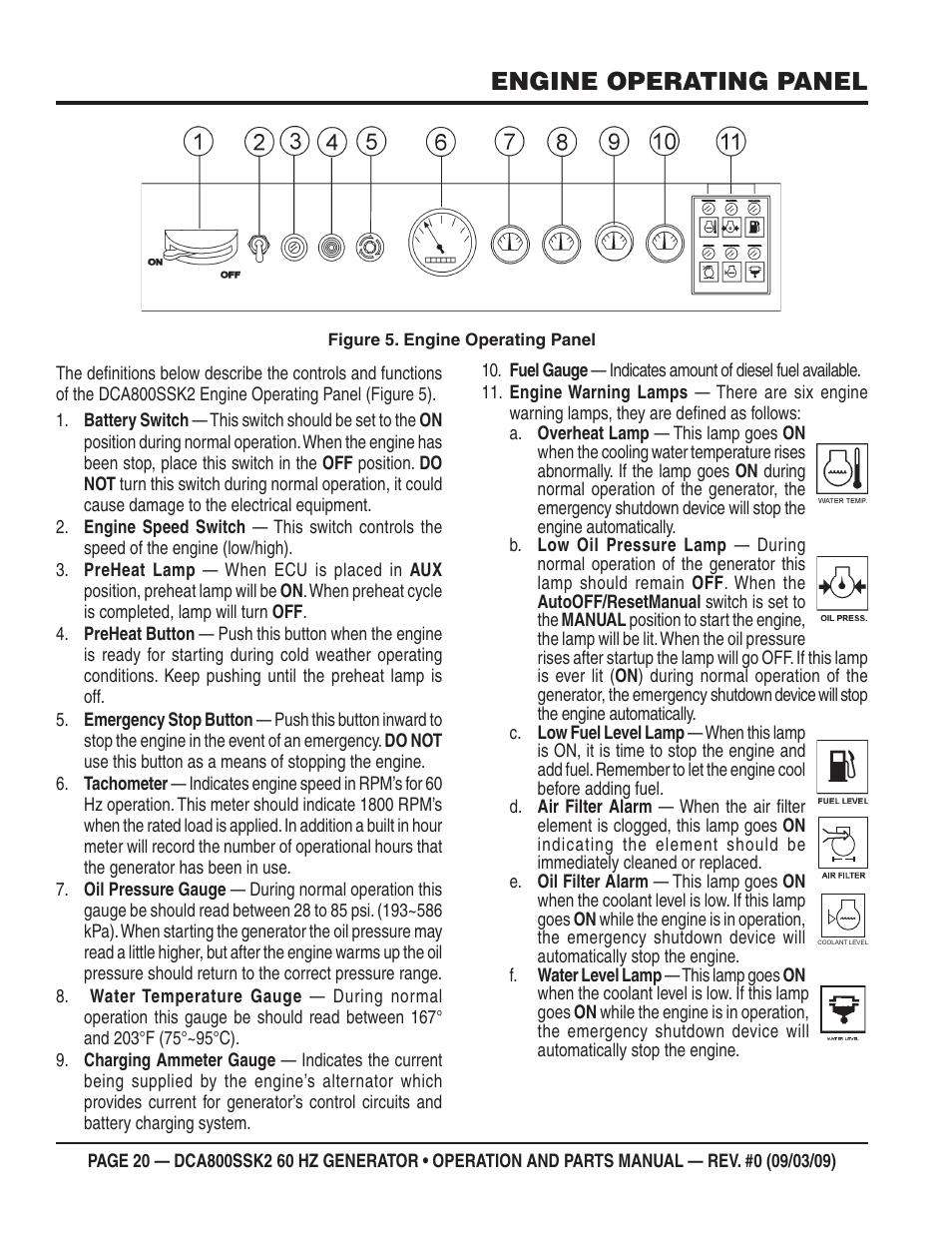 Engine operating panel | Multiquip MQ POWER WHISPERWATT SERIES  60HZ GENERATOR (STD.) (KOMATSU SAA6D170E-3 DIESEL ENGINE) DCA800SSK2 User Manual | Page 20 / 114