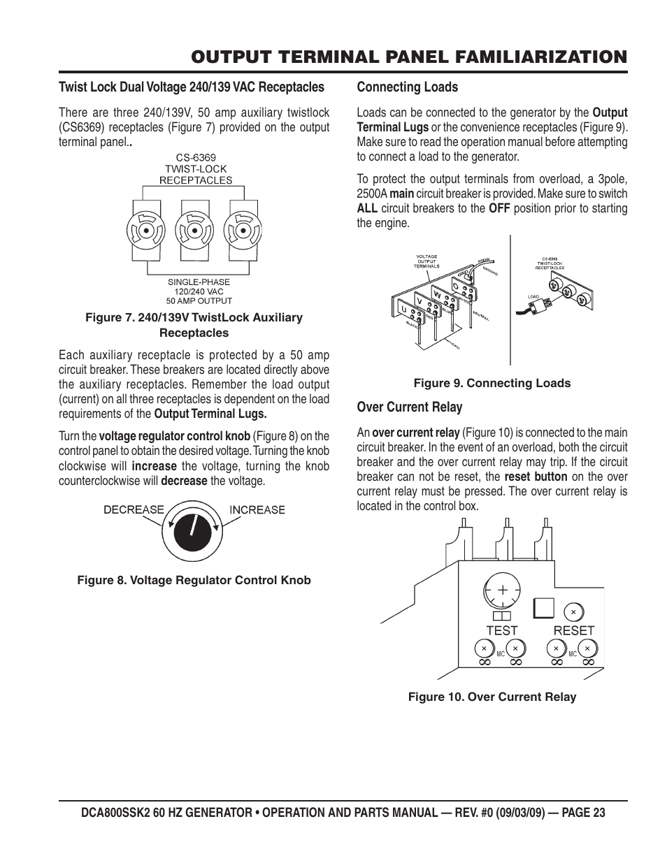 Output terminal panel familiarization | Multiquip MQ POWER WHISPERWATT SERIES  60HZ GENERATOR (STD.) (KOMATSU SAA6D170E-3 DIESEL ENGINE) DCA800SSK2 User Manual | Page 23 / 114