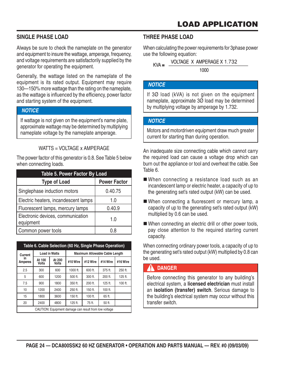 Load application, Single phase load, Three phase load | Multiquip MQ POWER WHISPERWATT SERIES  60HZ GENERATOR (STD.) (KOMATSU SAA6D170E-3 DIESEL ENGINE) DCA800SSK2 User Manual | Page 24 / 114