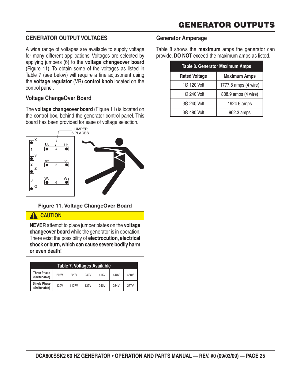 Generator outputs, Generator amperage, Generator output voltages | Voltage changeover board | Multiquip MQ POWER WHISPERWATT SERIES  60HZ GENERATOR (STD.) (KOMATSU SAA6D170E-3 DIESEL ENGINE) DCA800SSK2 User Manual | Page 25 / 114