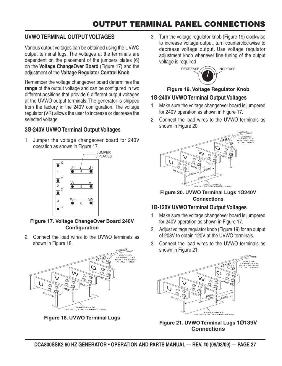 Output terminal panel connections | Multiquip MQ POWER WHISPERWATT SERIES  60HZ GENERATOR (STD.) (KOMATSU SAA6D170E-3 DIESEL ENGINE) DCA800SSK2 User Manual | Page 27 / 114