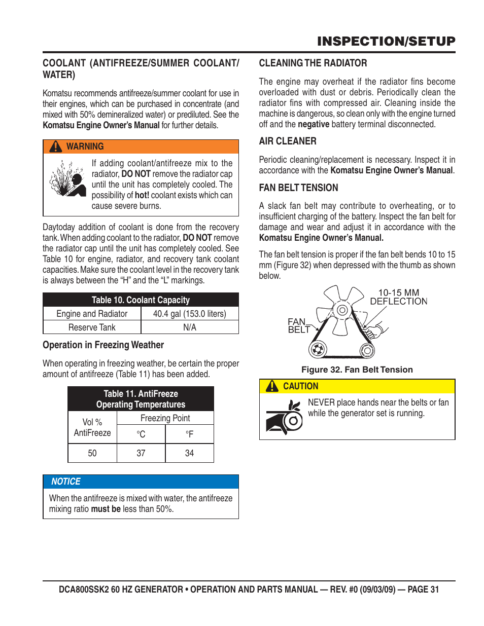 Inspection/setup | Multiquip MQ POWER WHISPERWATT SERIES  60HZ GENERATOR (STD.) (KOMATSU SAA6D170E-3 DIESEL ENGINE) DCA800SSK2 User Manual | Page 31 / 114