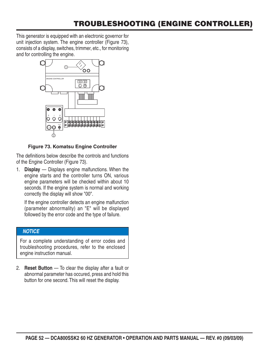 Troubleshooting (engine controller) | Multiquip MQ POWER WHISPERWATT SERIES  60HZ GENERATOR (STD.) (KOMATSU SAA6D170E-3 DIESEL ENGINE) DCA800SSK2 User Manual | Page 52 / 114