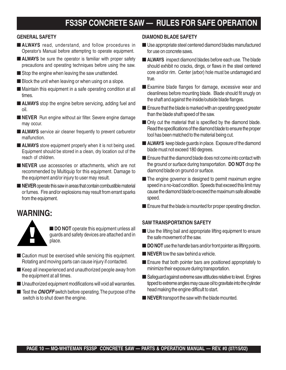 Warning, Fs3sp concrete saw — rules for safe operation | Multiquip Whiteman Concrete Saw FS3SP User Manual | Page 10 / 78
