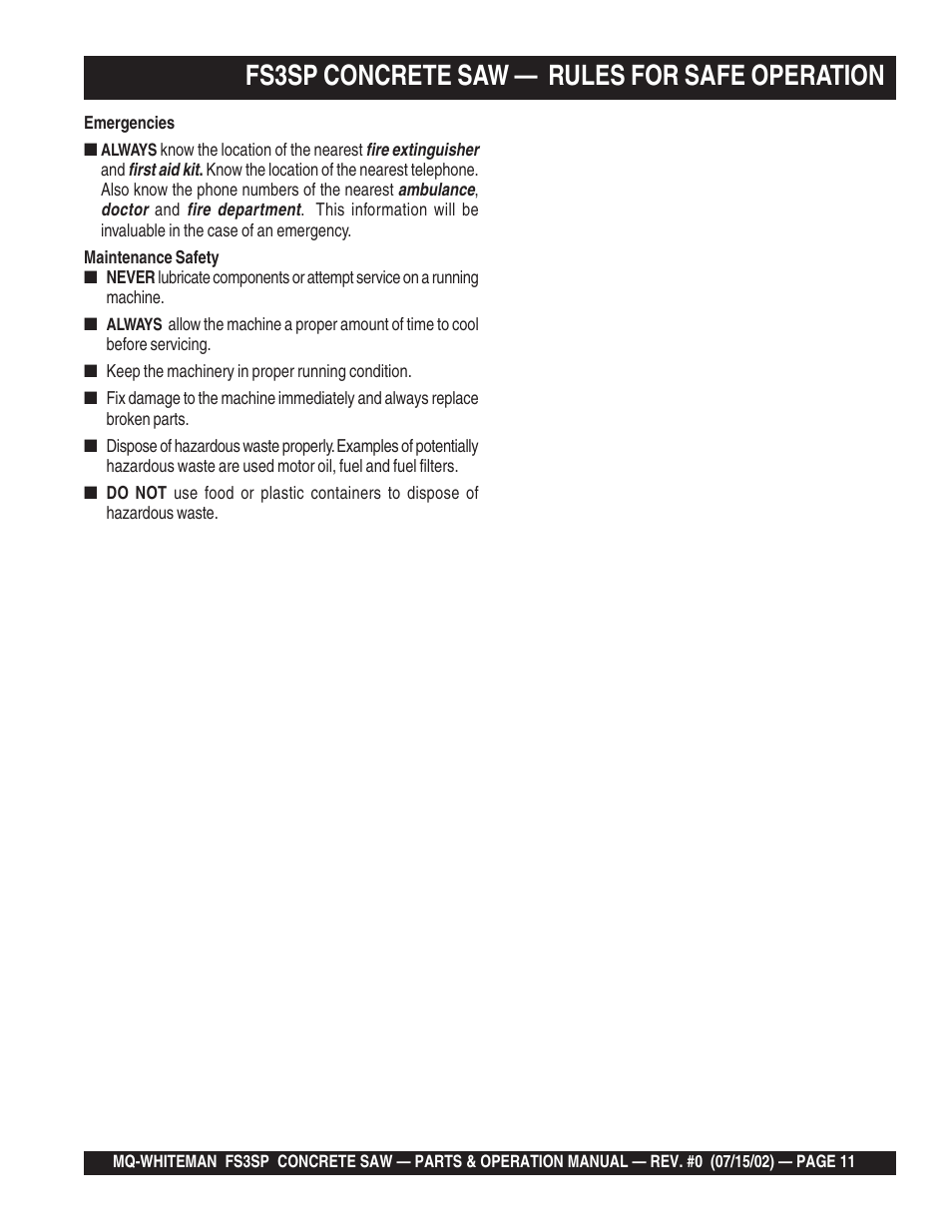 Fs3sp concrete saw — rules for safe operation | Multiquip Whiteman Concrete Saw FS3SP User Manual | Page 11 / 78