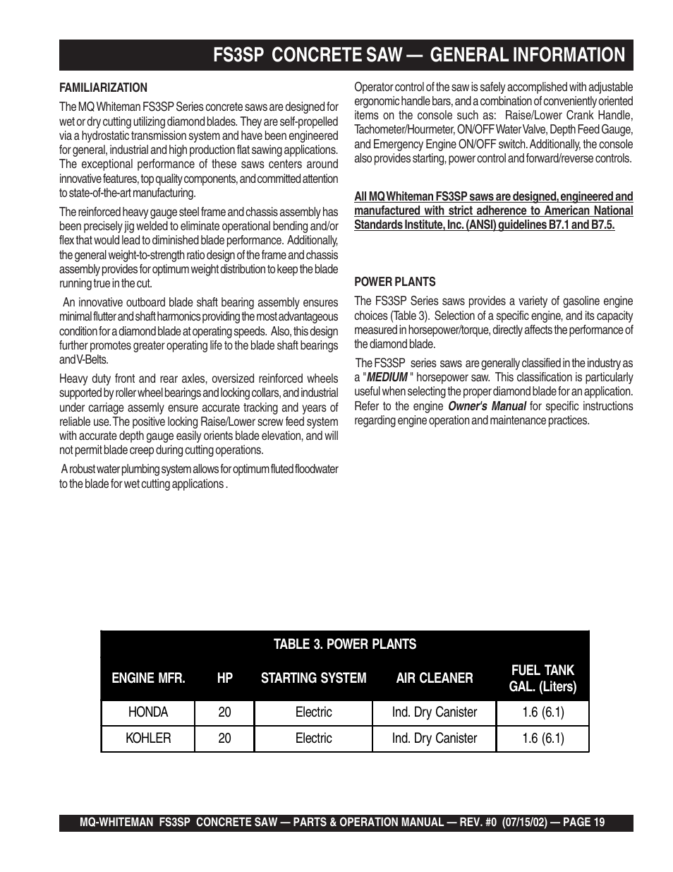 Fs3sp concrete saw — general information | Multiquip Whiteman Concrete Saw FS3SP User Manual | Page 19 / 78