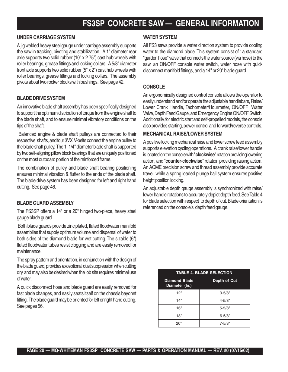 Fs3sp concrete saw — general information | Multiquip Whiteman Concrete Saw FS3SP User Manual | Page 20 / 78