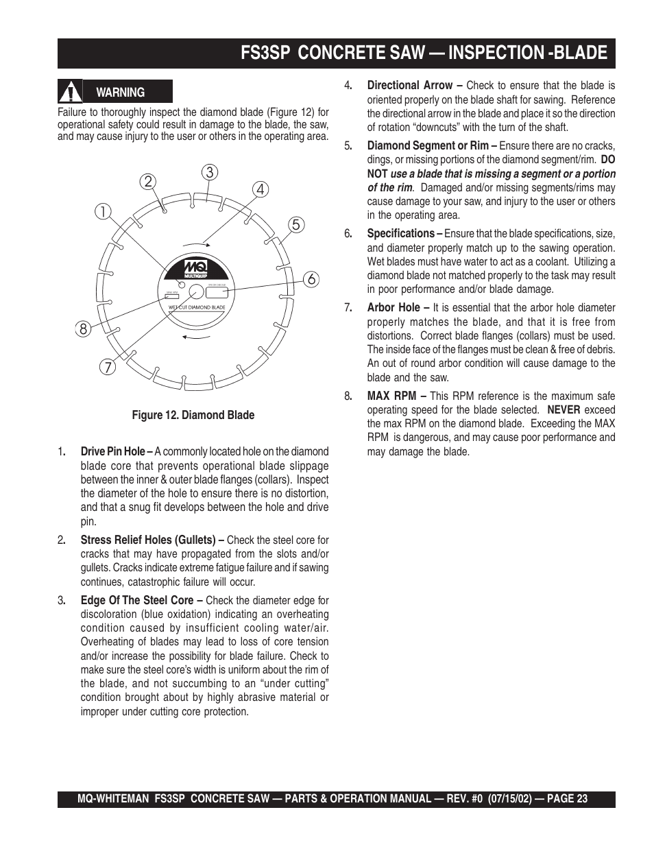 Fs3sp concrete saw — inspection -blade | Multiquip Whiteman Concrete Saw FS3SP User Manual | Page 23 / 78