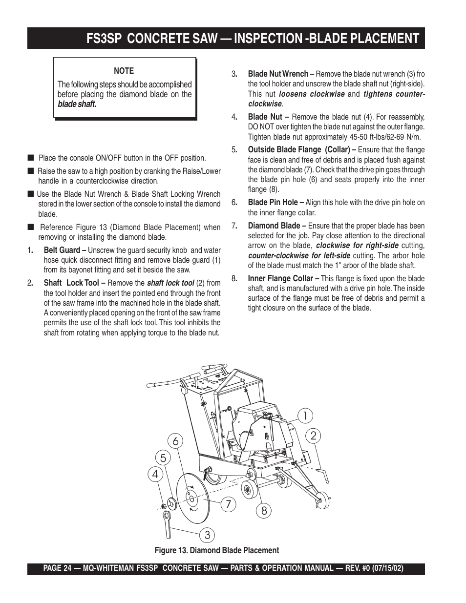 Fs3sp concrete saw — inspection -blade placement | Multiquip Whiteman Concrete Saw FS3SP User Manual | Page 24 / 78