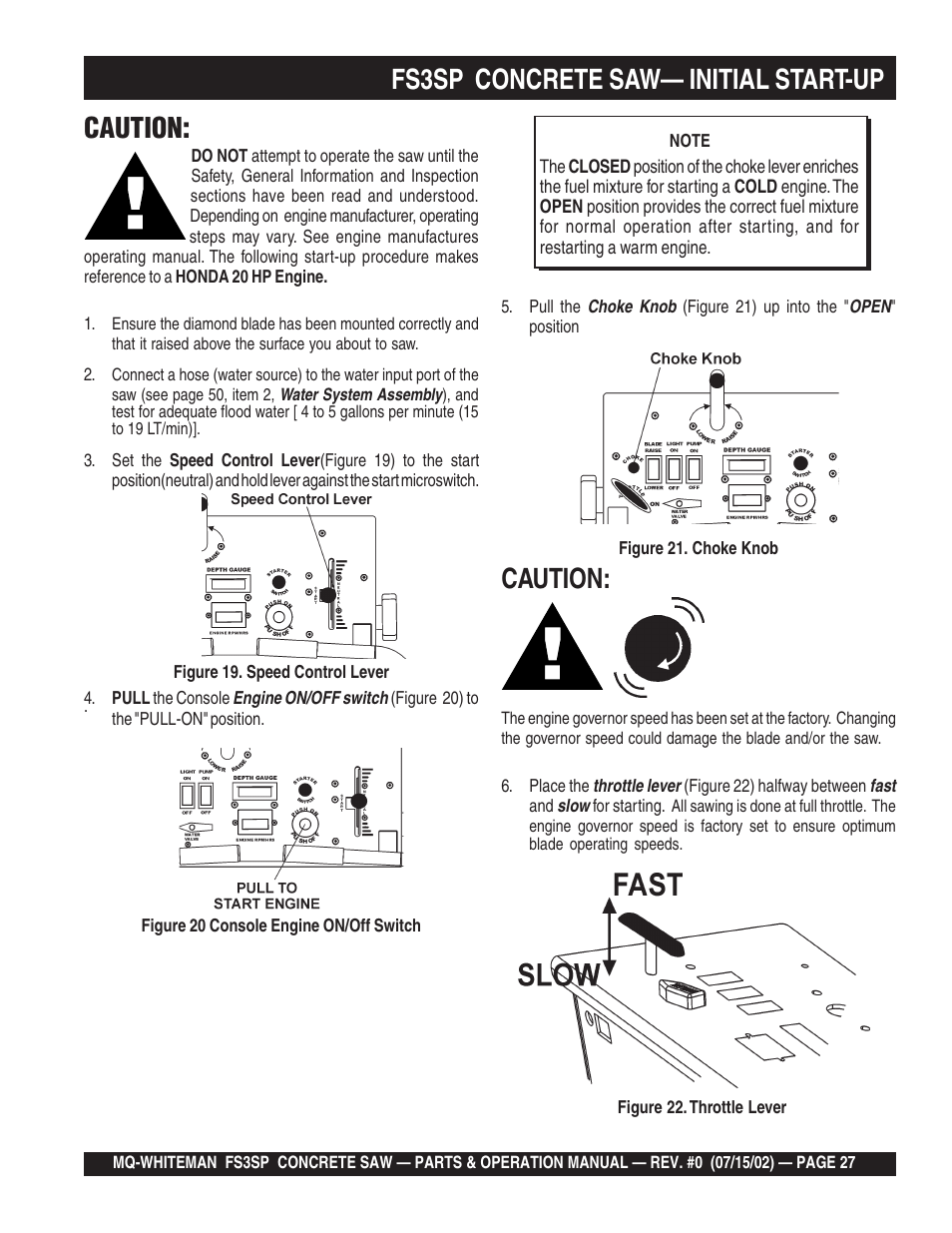 Caution: d, Fs3sp concrete saw— initial start-up, Caution | Multiquip Whiteman Concrete Saw FS3SP User Manual | Page 27 / 78