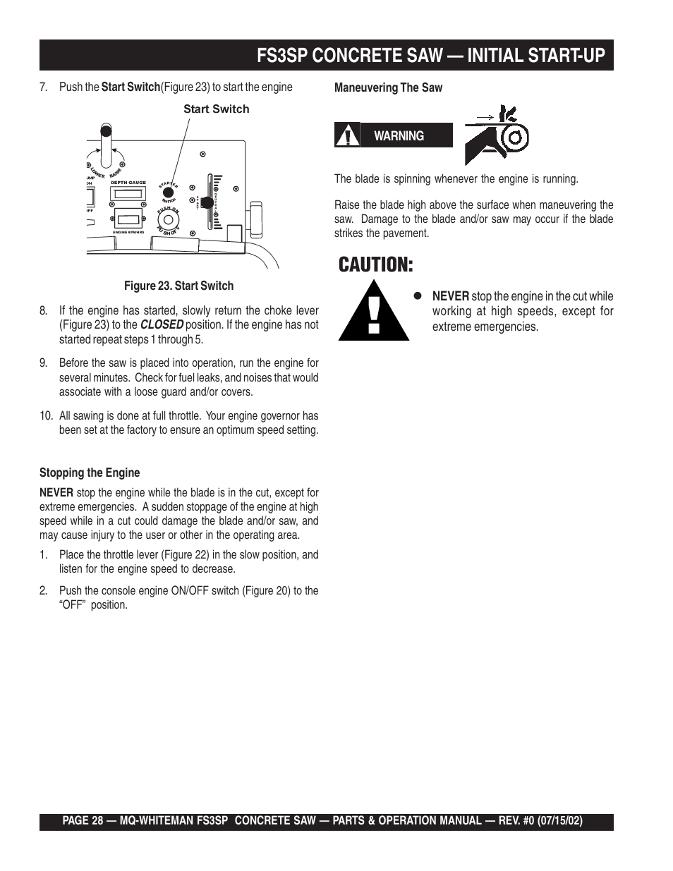 Fs3sp concrete saw — initial start-up, Caution | Multiquip Whiteman Concrete Saw FS3SP User Manual | Page 28 / 78