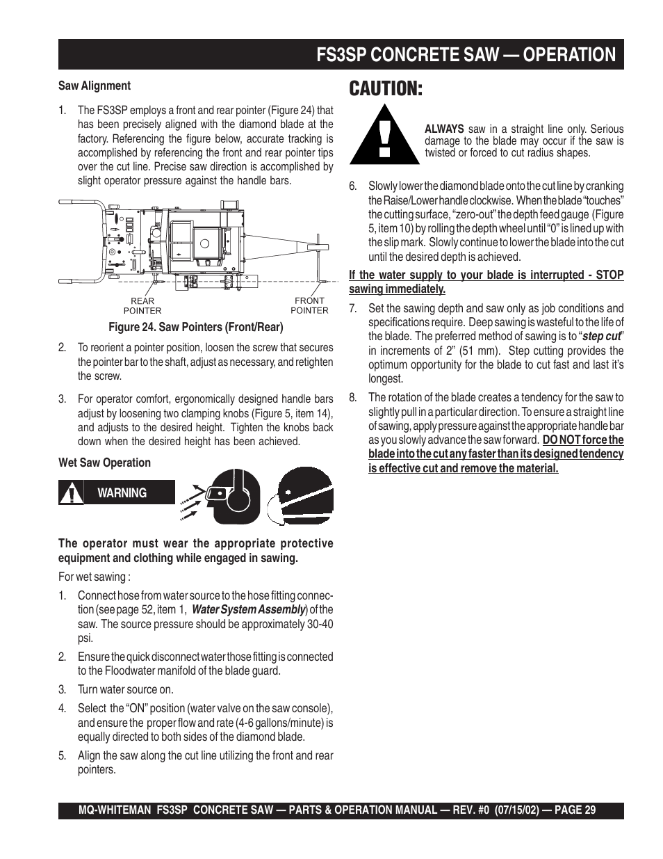 Fs3sp concrete saw — operation, Caution | Multiquip Whiteman Concrete Saw FS3SP User Manual | Page 29 / 78