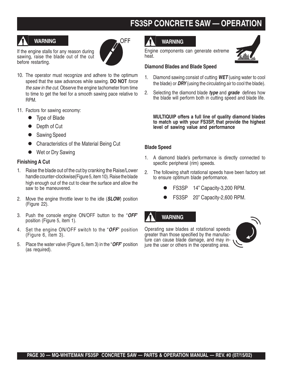 Fs3sp concrete saw — operation | Multiquip Whiteman Concrete Saw FS3SP User Manual | Page 30 / 78