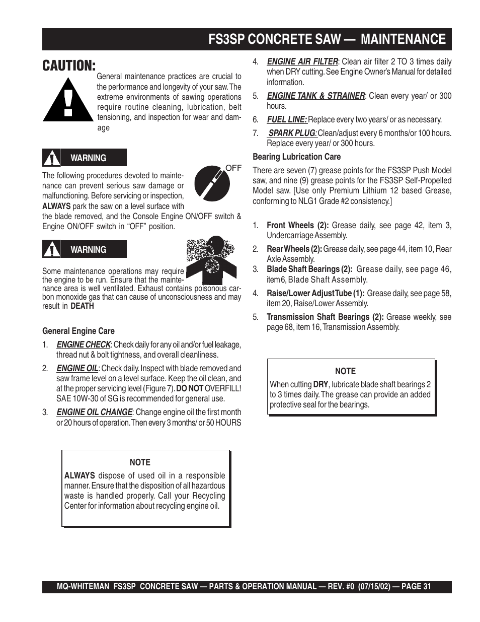 Fs3sp concrete saw — maintenance caution | Multiquip Whiteman Concrete Saw FS3SP User Manual | Page 31 / 78