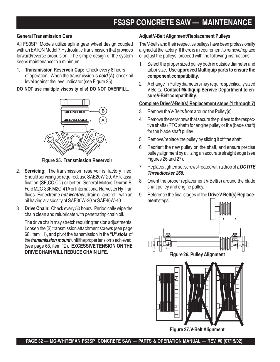 Fs3sp concrete saw — maintenance | Multiquip Whiteman Concrete Saw FS3SP User Manual | Page 32 / 78