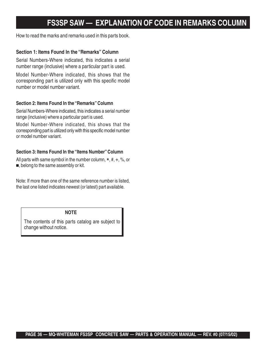 Fs3sp saw — explanation of code in remarks column | Multiquip Whiteman Concrete Saw FS3SP User Manual | Page 36 / 78