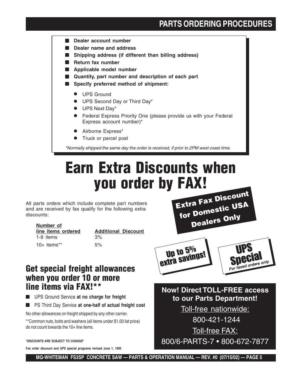 Earn extra discounts when you order by fax, Parts ordering procedures, Extra fax discount for domestic usa dealers only | Multiquip Whiteman Concrete Saw FS3SP User Manual | Page 5 / 78