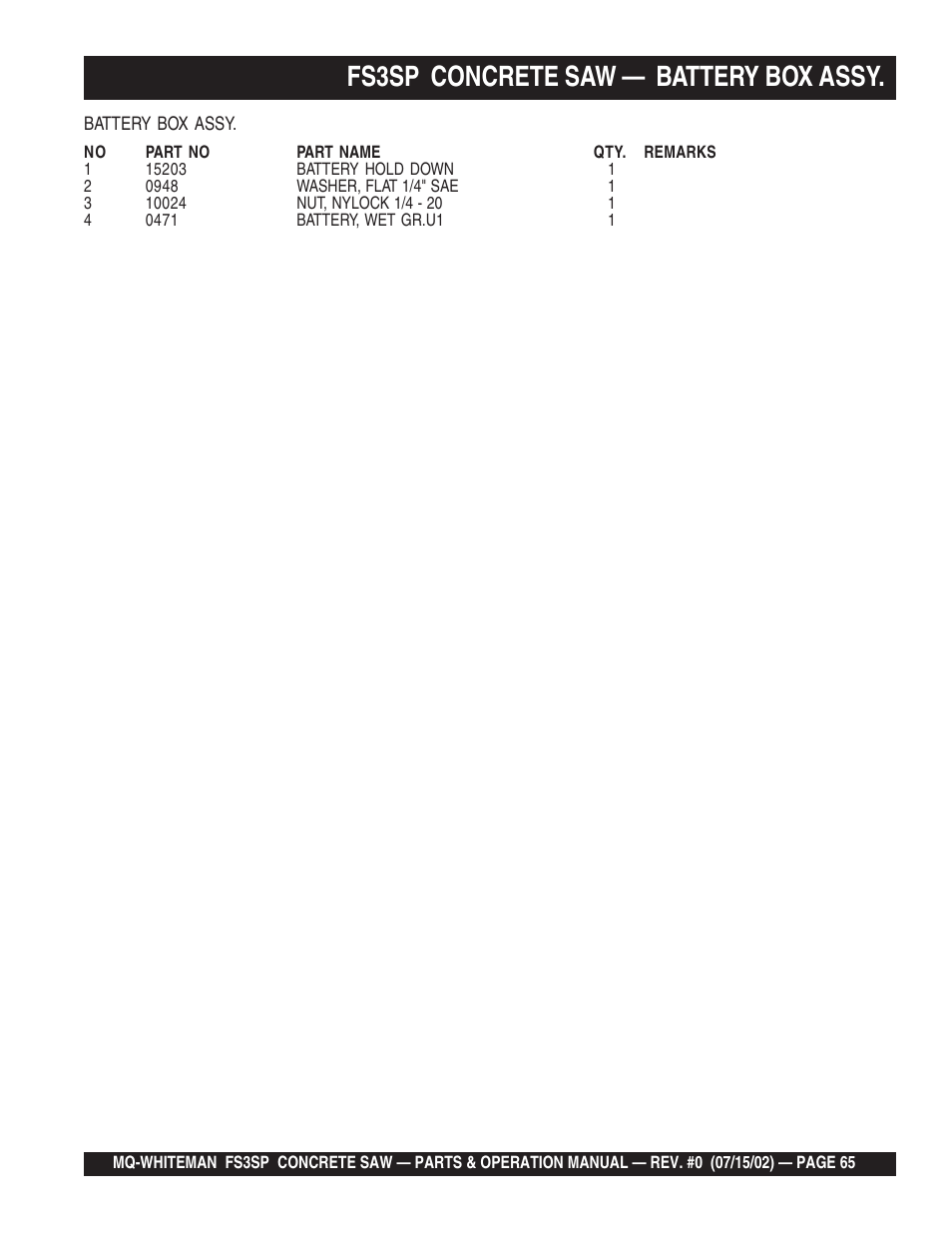 Fs3sp concrete saw — battery box assy | Multiquip Whiteman Concrete Saw FS3SP User Manual | Page 65 / 78