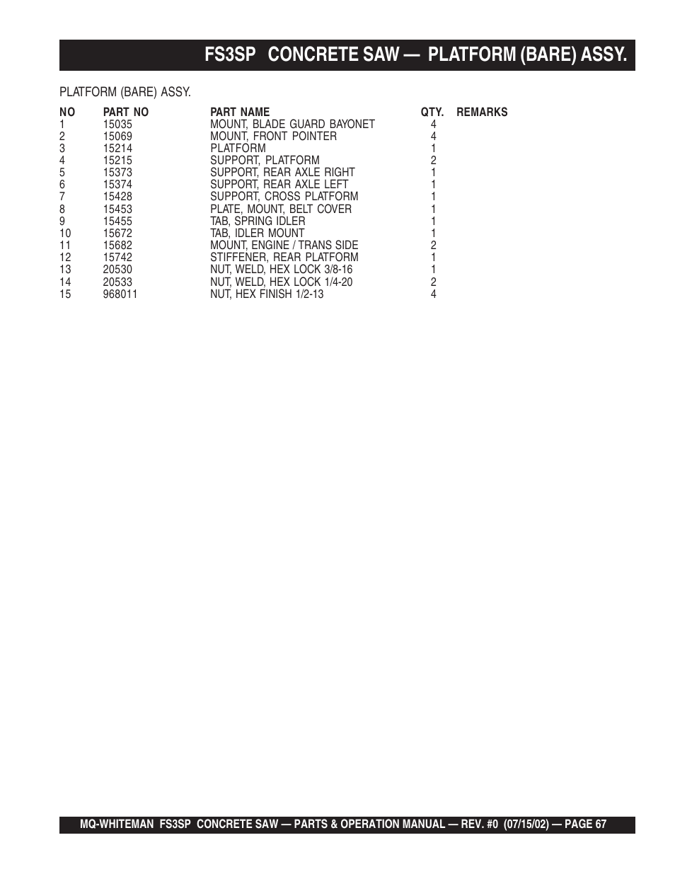 Fs3sp concrete saw — platform (bare) assy | Multiquip Whiteman Concrete Saw FS3SP User Manual | Page 67 / 78