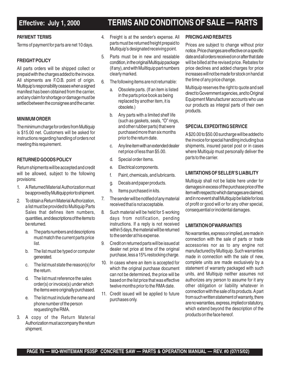 Terms and conditions of sale — parts | Multiquip Whiteman Concrete Saw FS3SP User Manual | Page 76 / 78