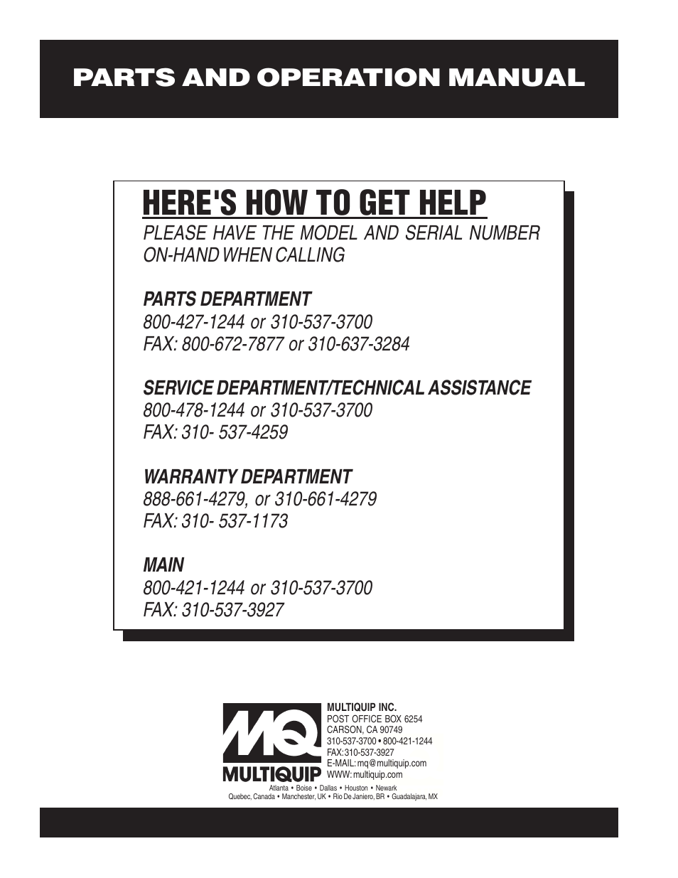 Here's how to get help, Parts and operation manual | Multiquip Whiteman Concrete Saw FS3SP User Manual | Page 78 / 78