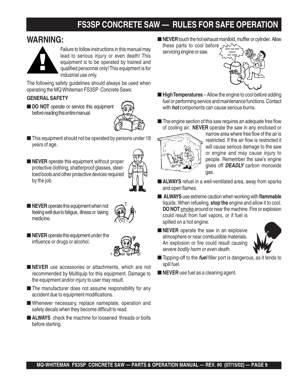 Warning, Fs3sp concrete saw — rules for safe operation | Multiquip Whiteman Concrete Saw FS3SP User Manual | Page 9 / 78