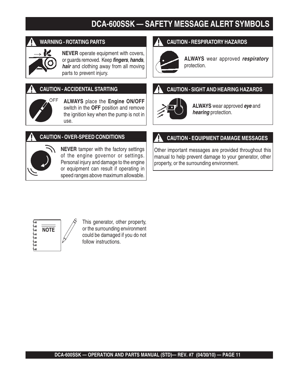 Dca-600ssk — safety message alert symbols | Multiquip DCA-600SSK User Manual | Page 11 / 116