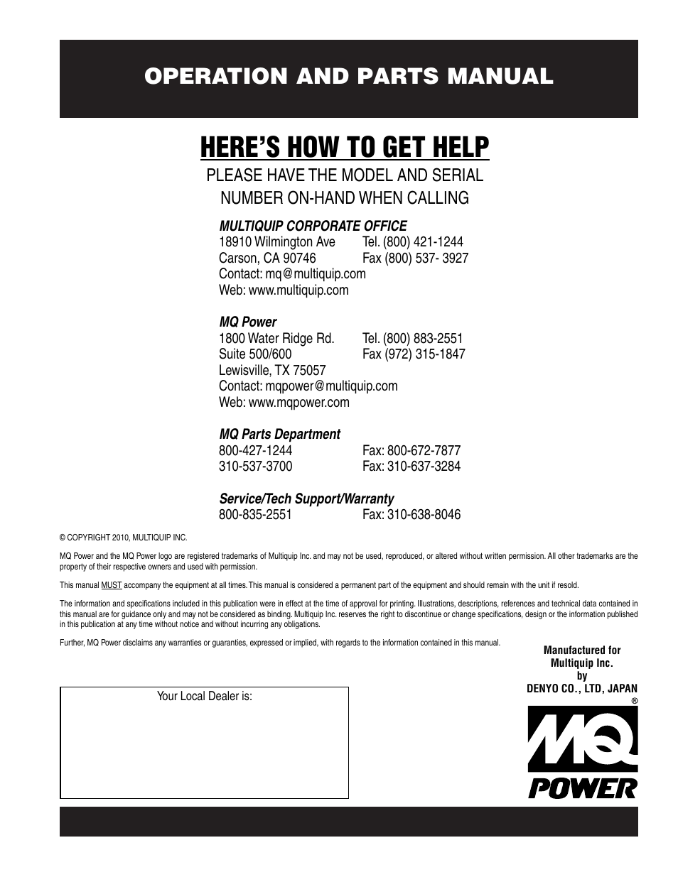 Here’s how to get help, Operation and parts manual | Multiquip DCA-600SSK User Manual | Page 116 / 116