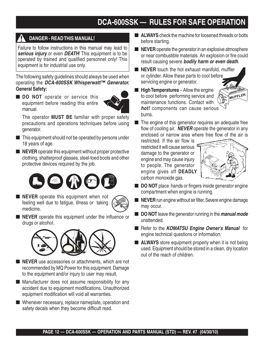 Dca-600ssk — rules for safe operation | Multiquip DCA-600SSK User Manual | Page 12 / 116