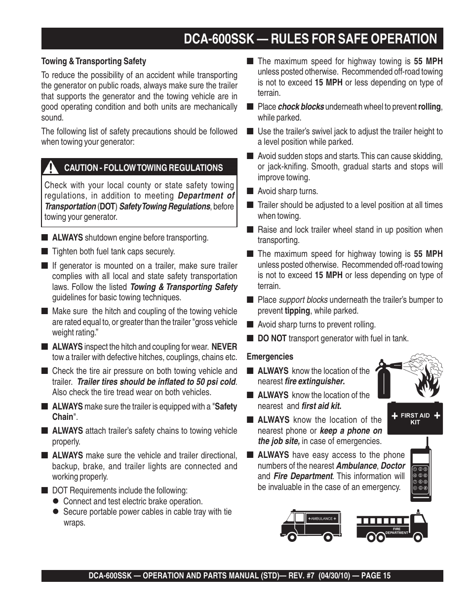 Dca-600ssk — rules for safe operation | Multiquip DCA-600SSK User Manual | Page 15 / 116