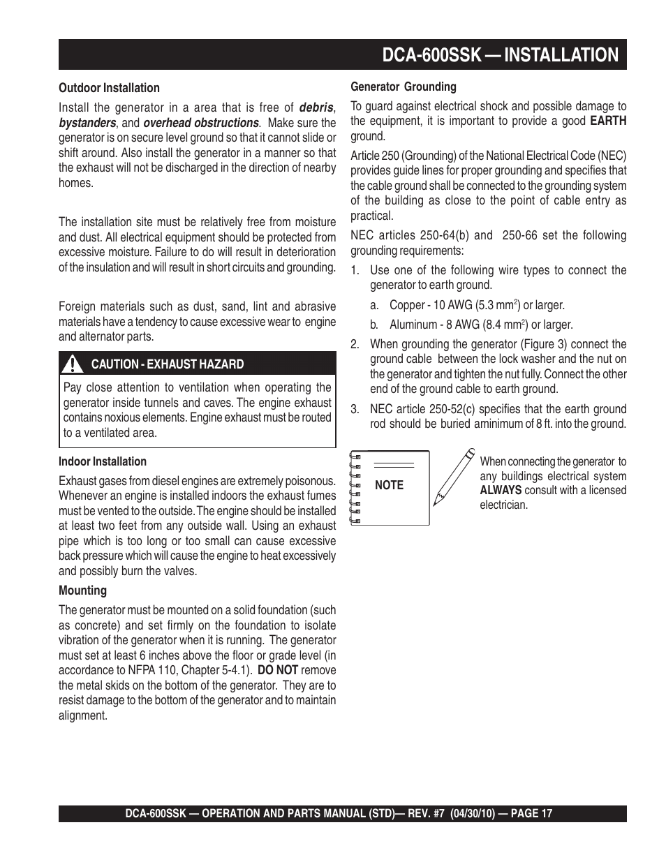 Dca-600ssk — installation | Multiquip DCA-600SSK User Manual | Page 17 / 116