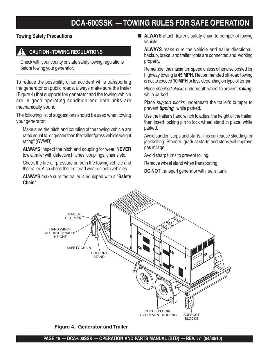 Dca-600ssk — towing rules for safe operation | Multiquip DCA-600SSK User Manual | Page 18 / 116