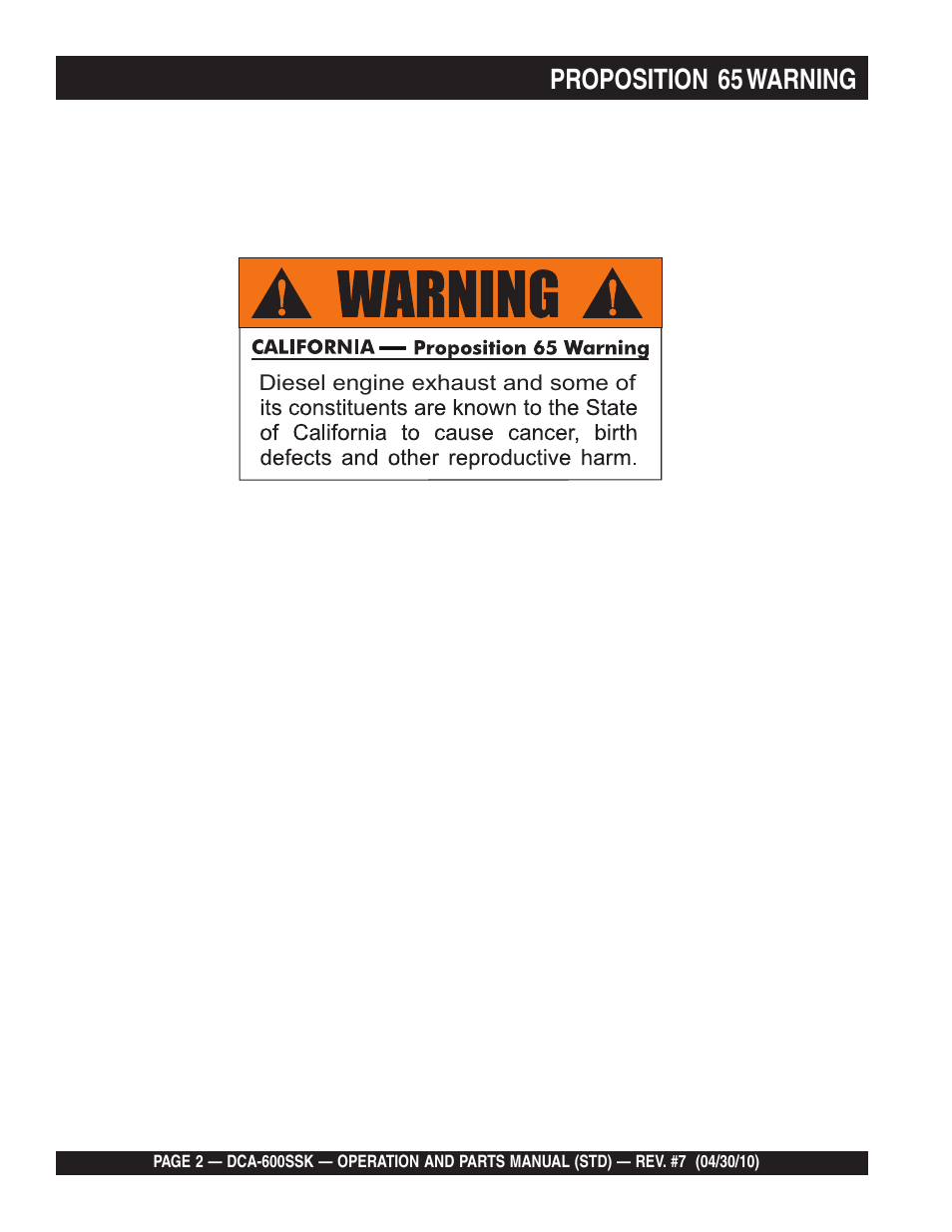 Proposition 65 warning | Multiquip DCA-600SSK User Manual | Page 2 / 116