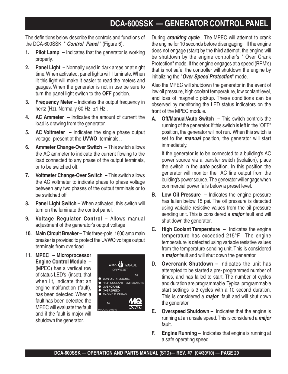 Dca-600ssk — generator control panel | Multiquip DCA-600SSK User Manual | Page 29 / 116