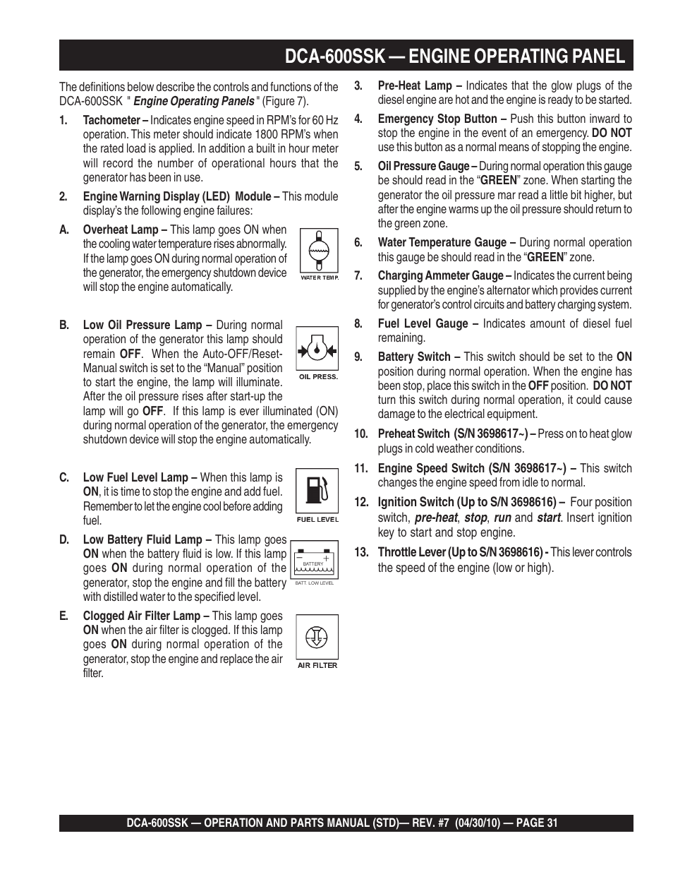 Dca-600ssk — engine operating panel | Multiquip DCA-600SSK User Manual | Page 31 / 116