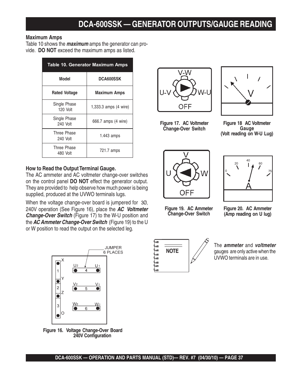 Dca-600ssk — generator outputs/gauge reading | Multiquip DCA-600SSK User Manual | Page 37 / 116