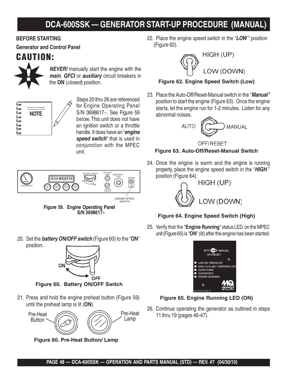 Dca-600ssk — generator start-up procedure (manual), Caution | Multiquip DCA-600SSK User Manual | Page 48 / 116