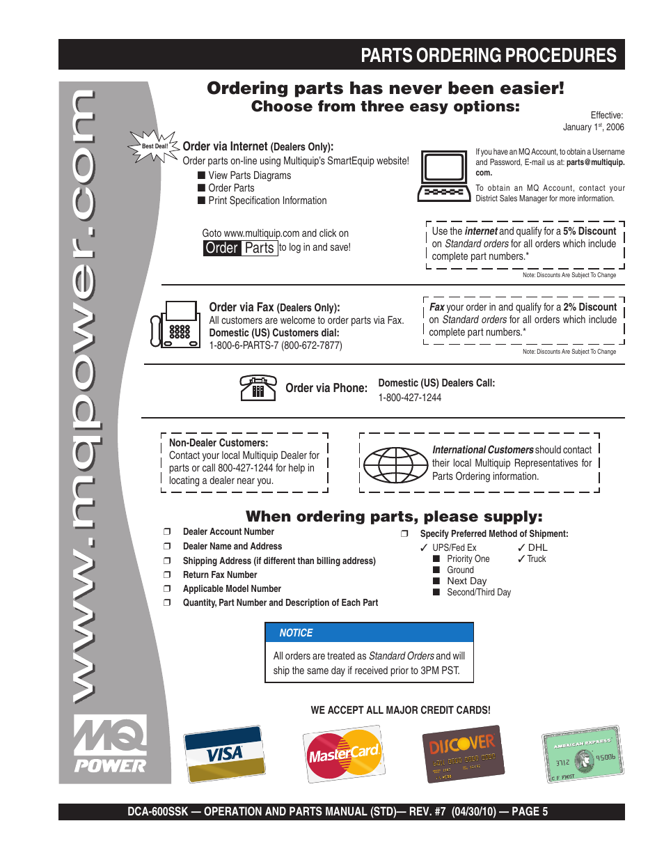 Parts ordering procedures, Ordering parts has never been easier | Multiquip DCA-600SSK User Manual | Page 5 / 116