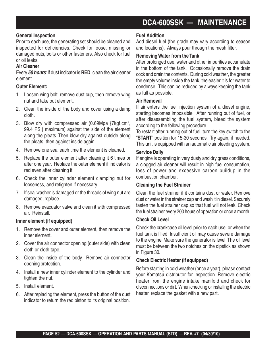 Dca-600ssk — maintenance | Multiquip DCA-600SSK User Manual | Page 52 / 116