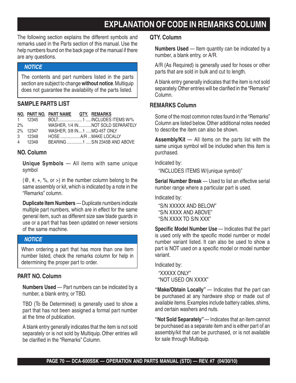 Explanation of code in remarks column | Multiquip DCA-600SSK User Manual | Page 70 / 116