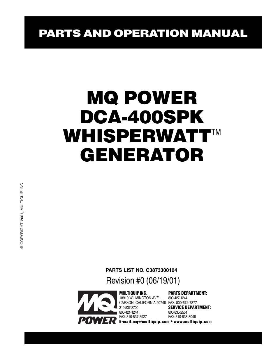 Multiquip MQ Power Whisperwatt Generator DCA-400SPK User Manual | 108 pages