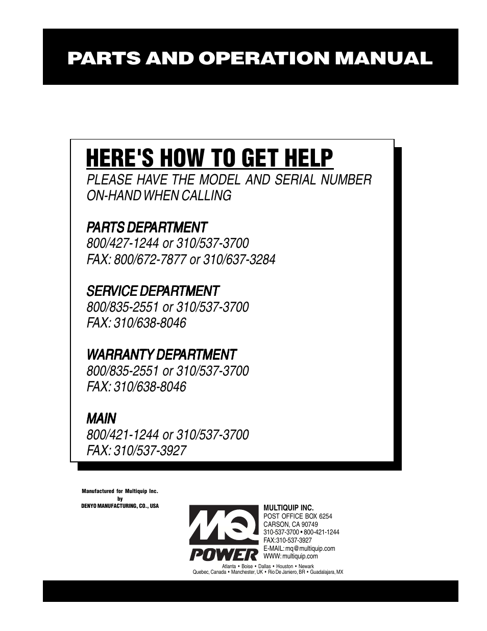 Here's how to get help, Parts and operation manual | Multiquip MQ Power Whisperwatt Generator DCA-400SPK User Manual | Page 108 / 108