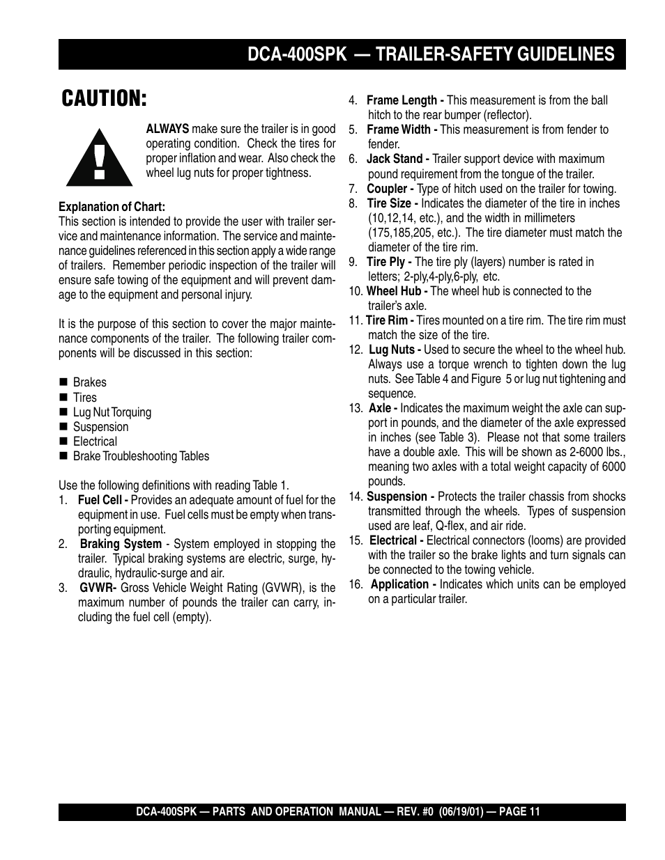 Caution, Dca-400spk — trailer-safety guidelines | Multiquip MQ Power Whisperwatt Generator DCA-400SPK User Manual | Page 11 / 108
