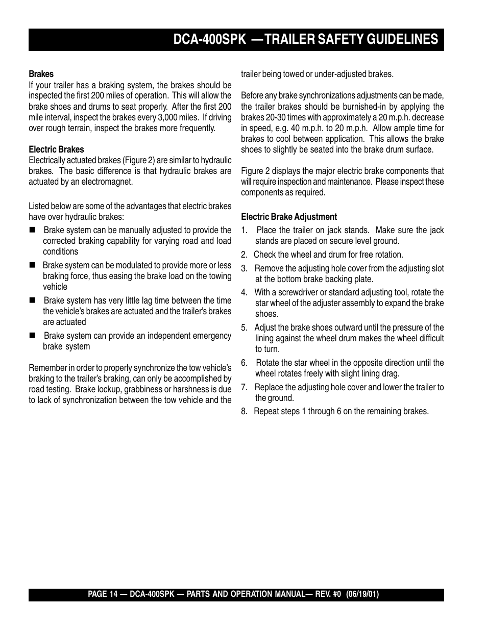 Dca-400spk — trailer safety guidelines | Multiquip MQ Power Whisperwatt Generator DCA-400SPK User Manual | Page 14 / 108