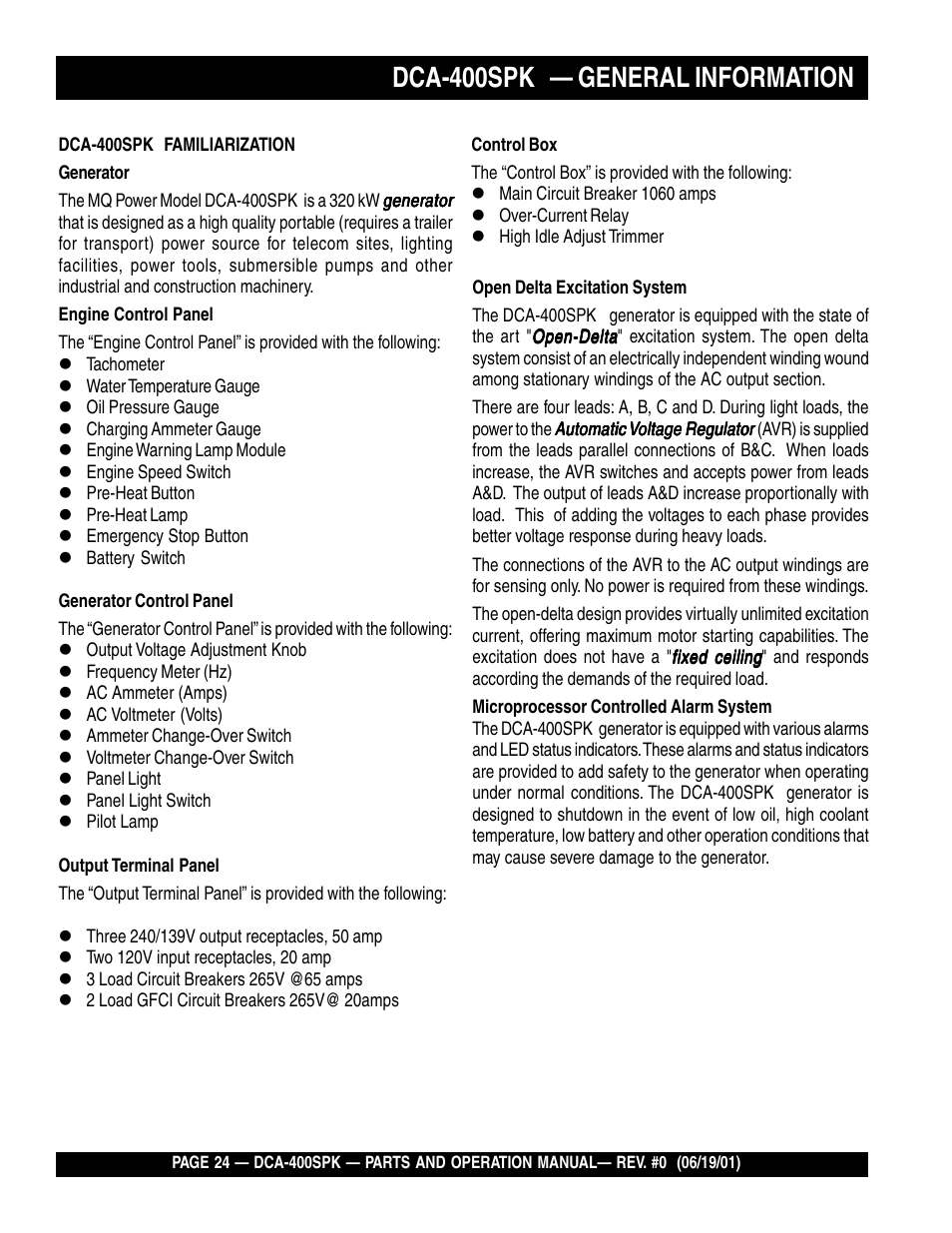 Dca-400spk — general information | Multiquip MQ Power Whisperwatt Generator DCA-400SPK User Manual | Page 24 / 108