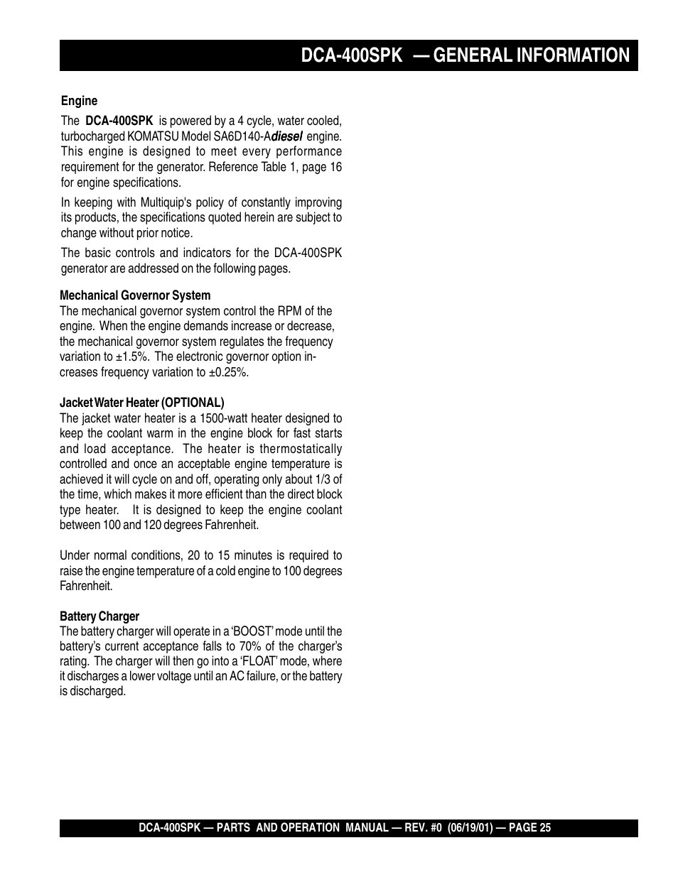 Dca-400spk — general information | Multiquip MQ Power Whisperwatt Generator DCA-400SPK User Manual | Page 25 / 108
